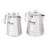 Two polished stainless steel percolators with clear glass lids and angular handles, designed for brewing coffee and tea, ideal for Brewing Coffee and Tea, Camping, and Kitchen & Food collections.