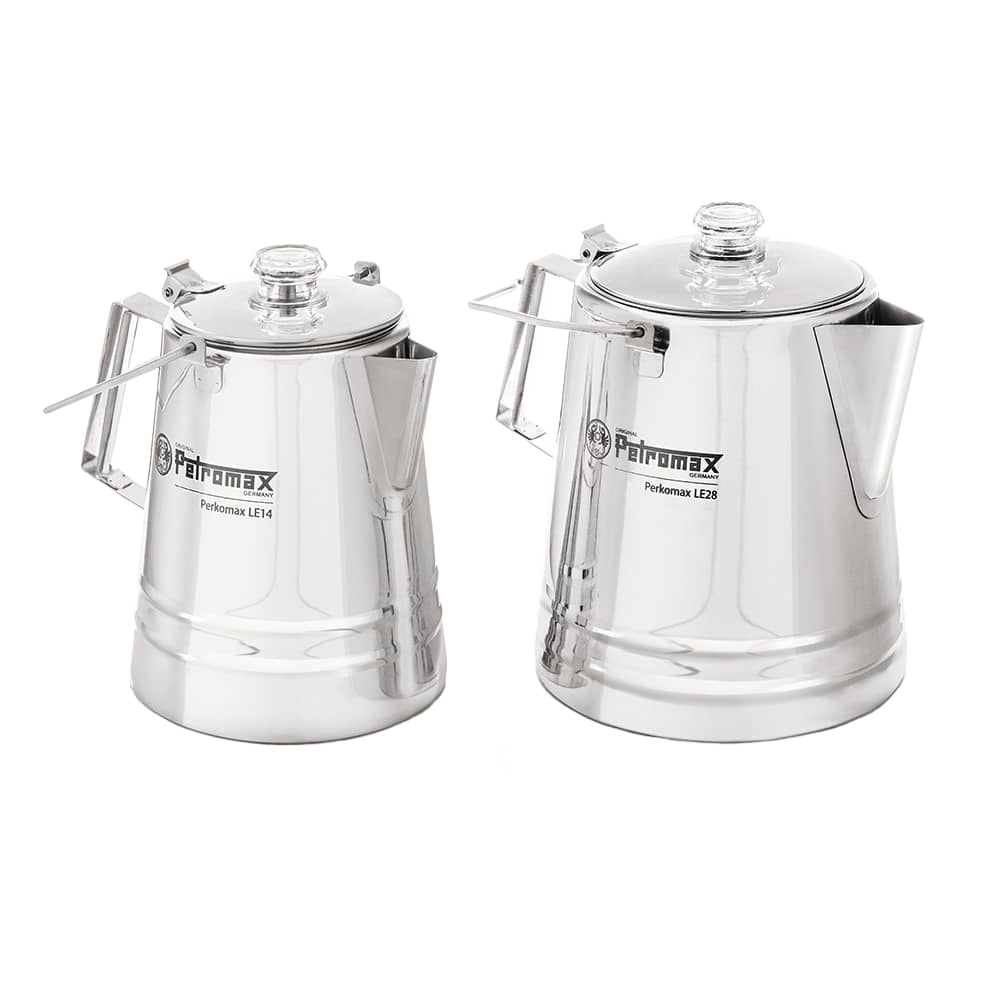 Two polished stainless steel percolators with clear glass lids and angular handles, designed for brewing coffee and tea, ideal for Brewing Coffee and Tea, Camping, and Kitchen & Food collections.