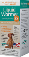 Durvet liquid wormer packaging displaying a 2X strength canine dewormer for removing roundworms and hookworms, featuring an image of a brown dog and USA-made label, suited for Farm, Garden & Tool collections.