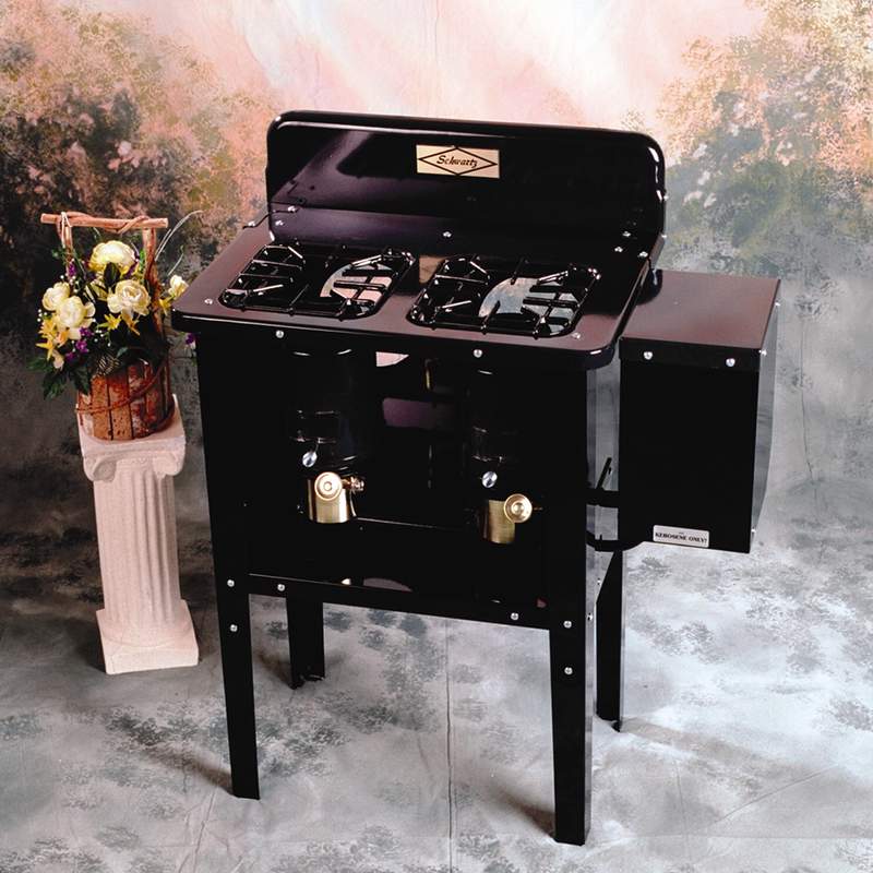Black metal two-burner kerosene stove handcrafted and made in USA, featuring durable construction for outdoor and indoor use, ideal for Stoves, USA Made, Amish Made, and Cookstoves collections.