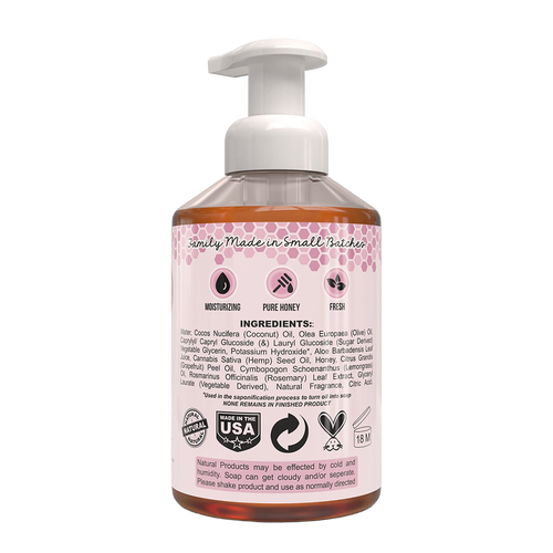 Back label of a 16 fl oz pump bottle of handcrafted natural moisturizing foaming hand soap featuring ingredients like pure honey and coconut oil, made in small batches in the USA, ideal for Health & Wellness, Soaps, USA Made, and Best Sellers collections.