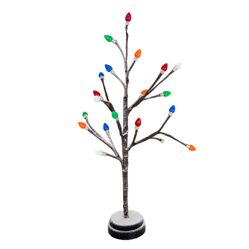 Handcrafted small holiday tree with snow-dusted branches and colorful light bulb caps, battery operated, perfect for Home & Decor, Holiday Decor, Best Sellers, and Promo Eligible collections.
