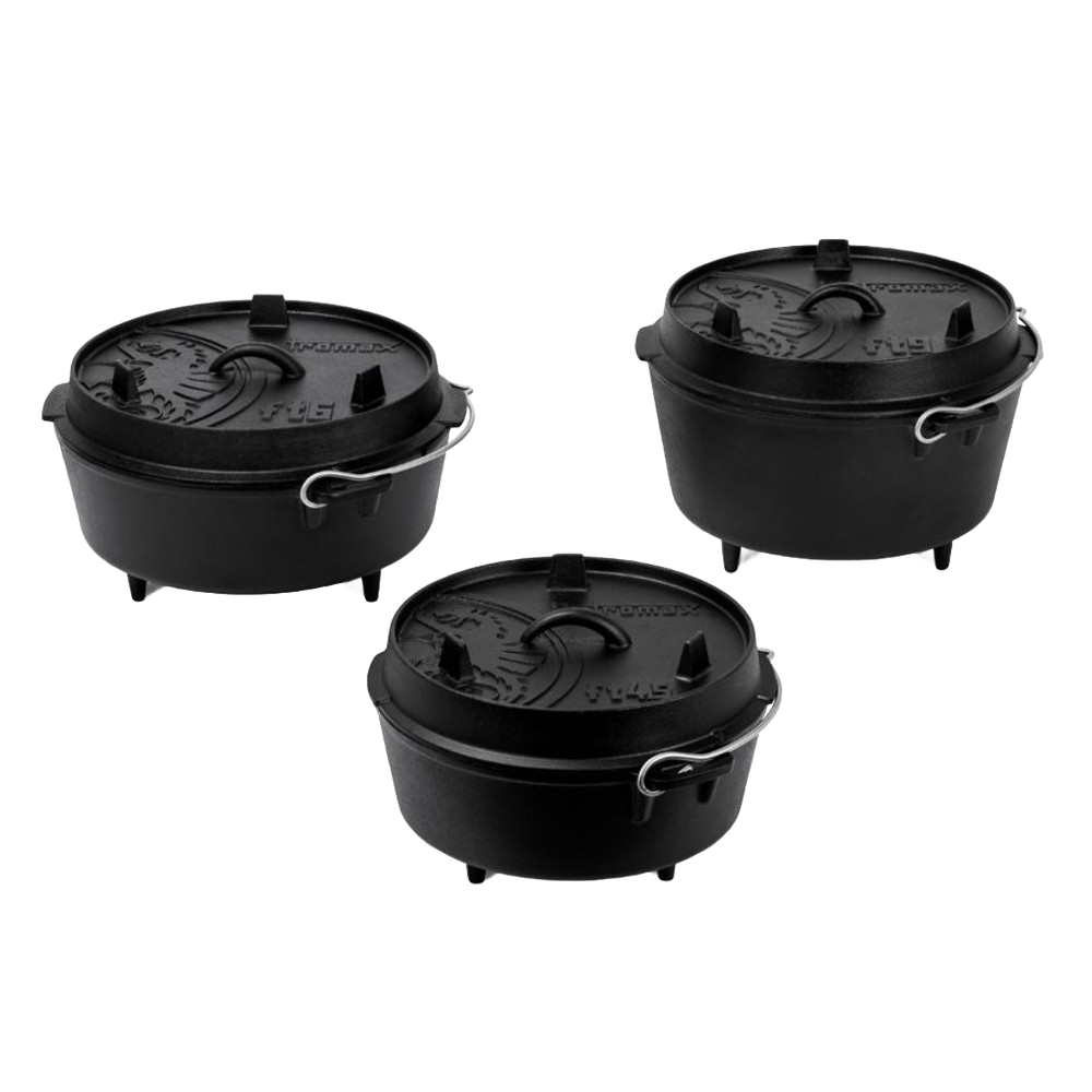 Three black cast iron Dutch ovens with legs and embossed lids featuring sturdy bail handles, crafted for versatile outdoor and indoor cooking, ideal for Kitchen & Food, Cookware, Cast Iron, Best Sellers, Promo Eligible collections.