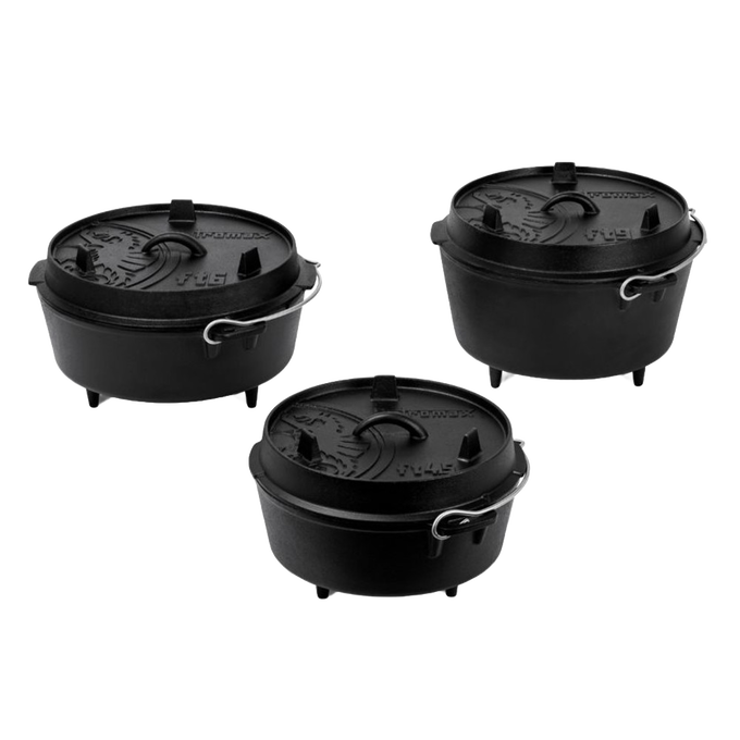Three black cast iron Dutch ovens with legs and embossed lids featuring sturdy bail handles, crafted for versatile outdoor and indoor cooking, ideal for Kitchen & Food, Cookware, Cast Iron, Best Sellers, Promo Eligible collections.