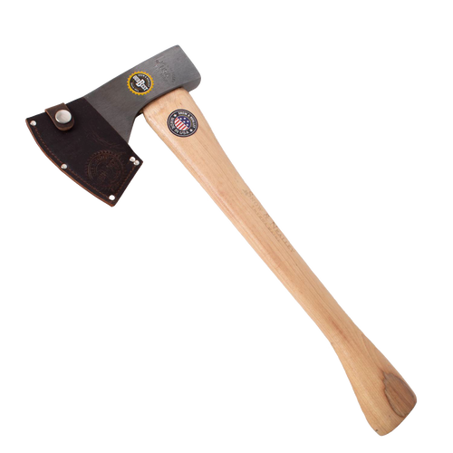 Hand-forged camping axe with high carbon steel blade and smooth hickory handle, featuring a leather sheath, handcrafted Amish made in USA, ideal for farm, garden, and wood cutting tools.