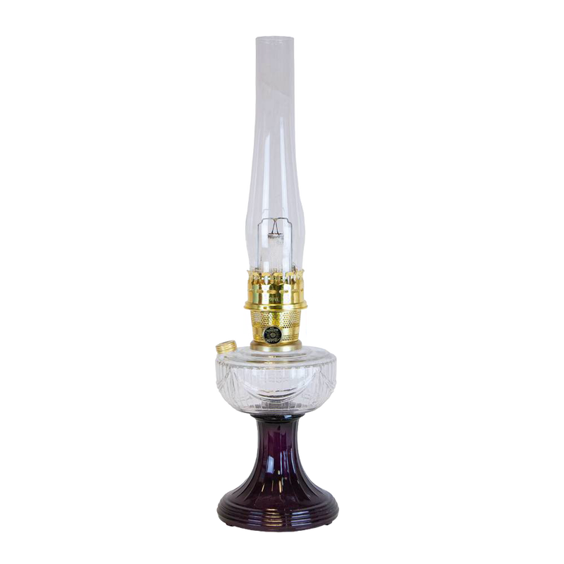 Handcrafted oil lamp featuring a clear glass font over an amethyst pedestal base with brass burner, perfect for Lamps & Lighting, Oil Lamps, Table Lamps, and Best Sellers collections.