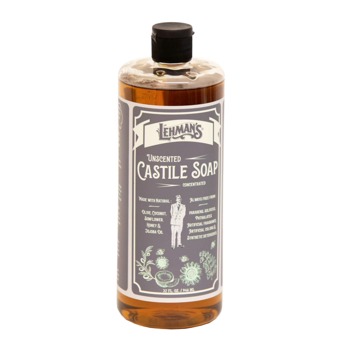Clear amber bottle of Lehman's unscented concentrated castile soap featuring plant-based oils like olive, jojoba, and sunflower, highlighting handcrafted, USA made natural soap for health, grooming, and soapmaking collections.
