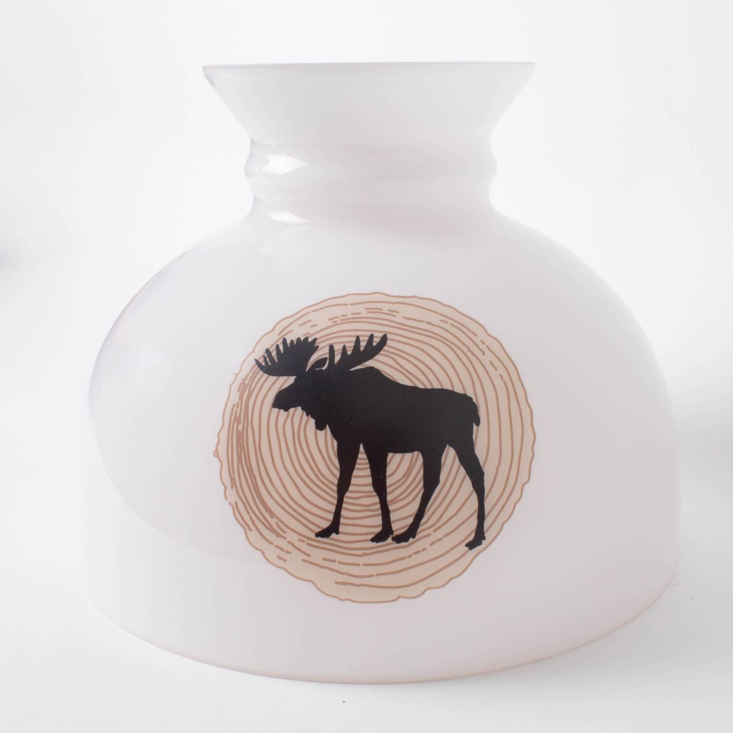 Unique handcrafted 10-inch glass lamp shade featuring a black moose silhouette centered over a rustic wood grain circle, part of Lamps & Lighting, Parts and Accessories, Lamp Shades, Best Sellers, Promo Eligible collections.