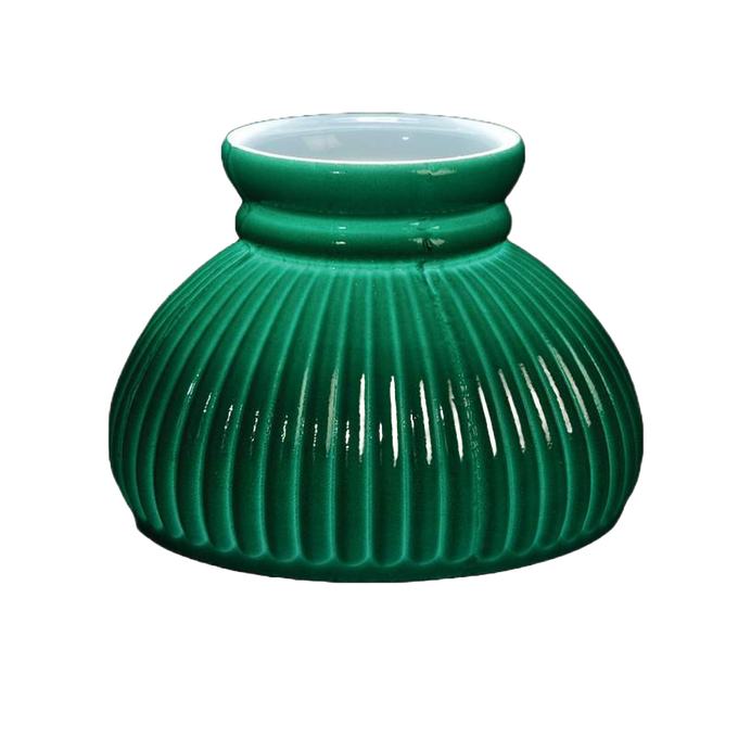 Hand blown American-made opal glass ribbed lamp shade in rich green with a sprayed dark top, designed for oil lamps, featured in Lamps & Lighting, Parts and Accessories, and Best Sellers collections.