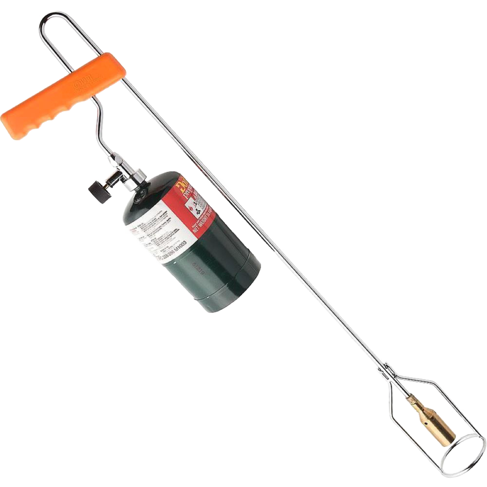 Handheld yard and garden torch with lightweight nickel-plated steel and brass burner, featuring an orange ergonomic handle, ideal for Farm, Garden & Tool and Lawncare collections.