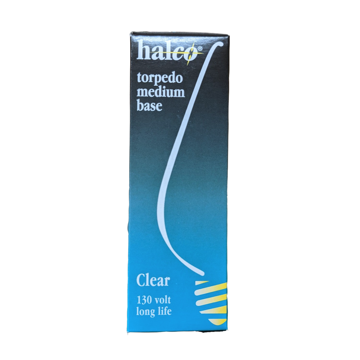 Packaging box for a clear torpedo medium base light bulb rated 130 volts with extended lifespan, suitable for electric conversion in lamps, lighting, and emergency supplies collections.