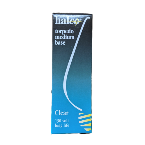 Packaging box for a clear torpedo medium base light bulb rated 130 volts with extended lifespan, suitable for electric conversion in lamps, lighting, and emergency supplies collections.