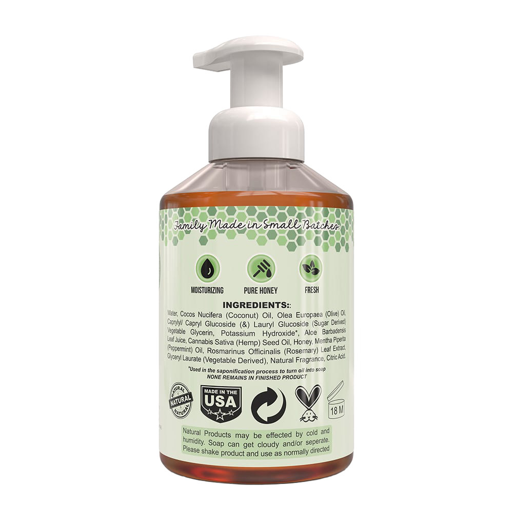 Bottle of natural foaming hand soap made in small batches in the USA, featuring moisturizing properties with pure honey, ideal for Health & Wellness, Soaps, and USA Made collections.