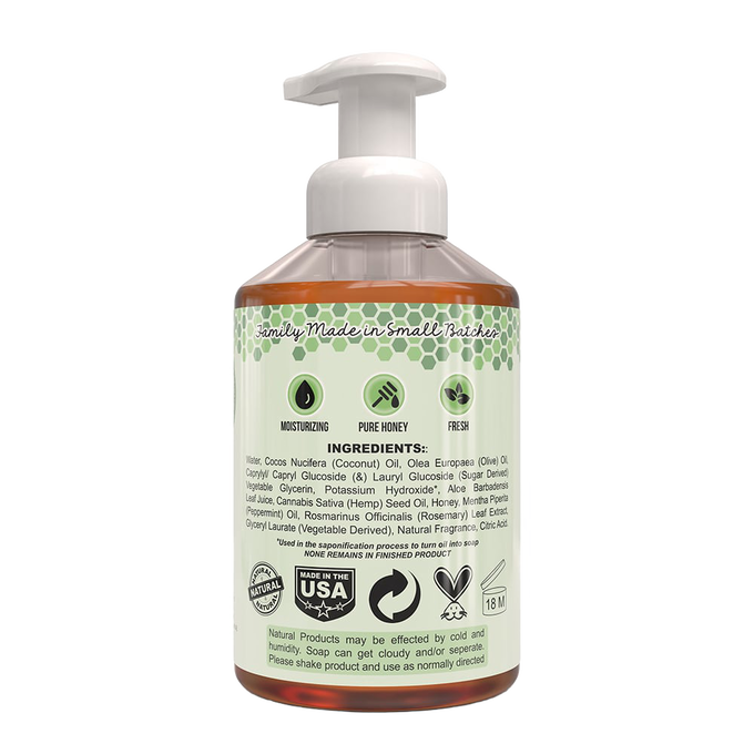 Bottle of natural foaming hand soap made in small batches in the USA, featuring moisturizing properties with pure honey, ideal for Health & Wellness, Soaps, and USA Made collections.