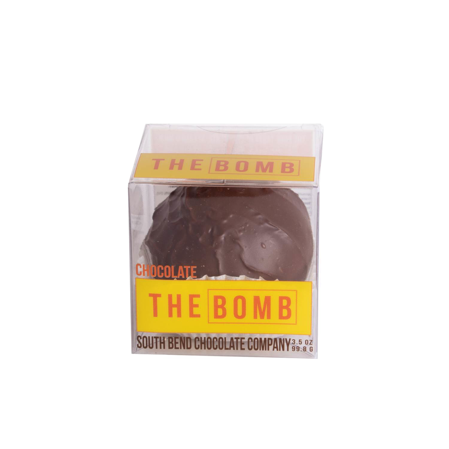 Clear box displaying a handcrafted chocolate sphere labeled "The Bomb" by South Bend Chocolate Company, perfect for Kitchen & Food, Snacks and Sweets, Beverages, USA Made, Best Sellers, and Promo Eligible collections.