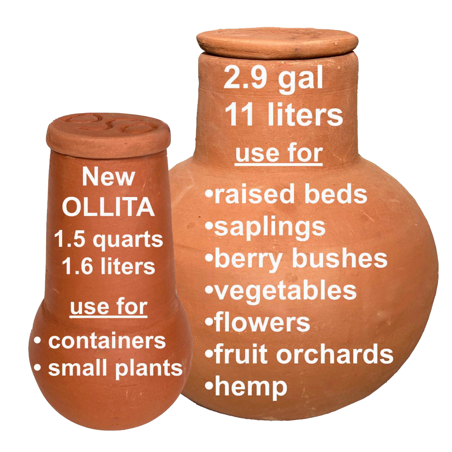 Two handcrafted unglazed terra cotta watering pots in natural clay color, designed for efficient irrigation of container gardens and raised beds, featured in Farm, Garden & Tool, Garden Accessories, Lawncare, Best Sellers, and Promo Eligible collections.