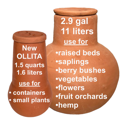 Two handcrafted unglazed terra cotta watering pots in natural clay color, designed for efficient irrigation of container gardens and raised beds, featured in Farm, Garden & Tool, Garden Accessories, Lawncare, Best Sellers, and Promo Eligible collections.