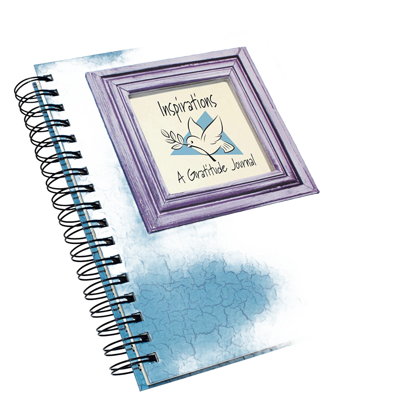 Spiral-bound gratitude journal with blue distressed cover and framed inspirational dove illustration, promoting mindful writing in Books and Heritage and Lifestyle Books collections.