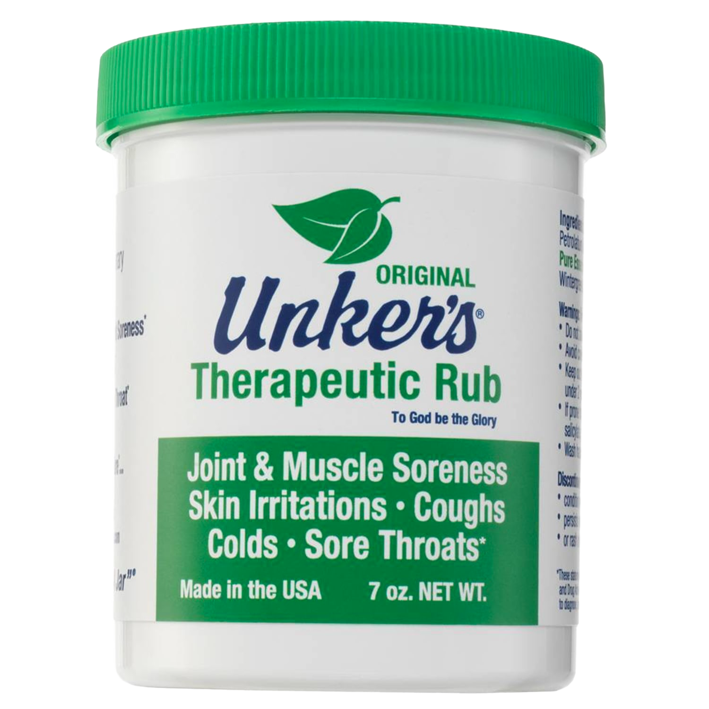 Container of handcrafted therapeutic rub for relieving joint and muscle soreness, skin irritations, coughs, colds, and sore throats, made in USA, featured in Health & Wellness and Best Sellers collections.