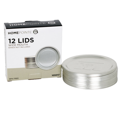 Stack of twelve wide-mouth jar lids with BPA-free sealing compound displayed next to their packaging box, suitable for Kitchen & Food, Food Preservation, Canning, Canning Jar Lids and Bands, Best Sellers, and Promo Eligible collections.