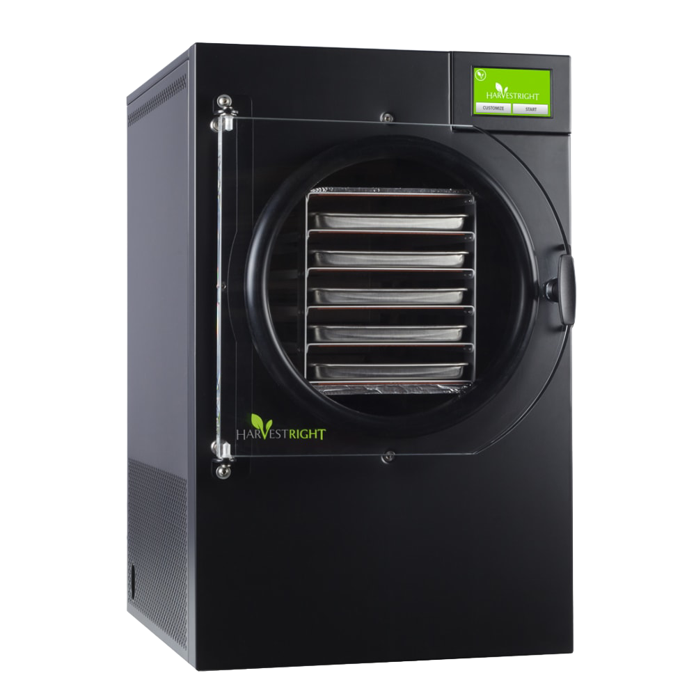 Black home freeze dryer with clear door showing multiple drying trays inside, featuring a green digital control screen, ideal for Kitchen & Food, Food Preservation, Freezing, Drying, and Best Sellers collections.