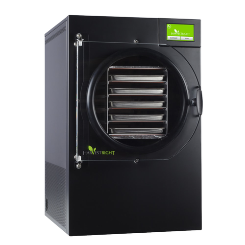 Black home freeze dryer with clear door showing multiple drying trays inside, featuring a green digital control screen, ideal for Kitchen & Food, Food Preservation, Freezing, Drying, and Best Sellers collections.