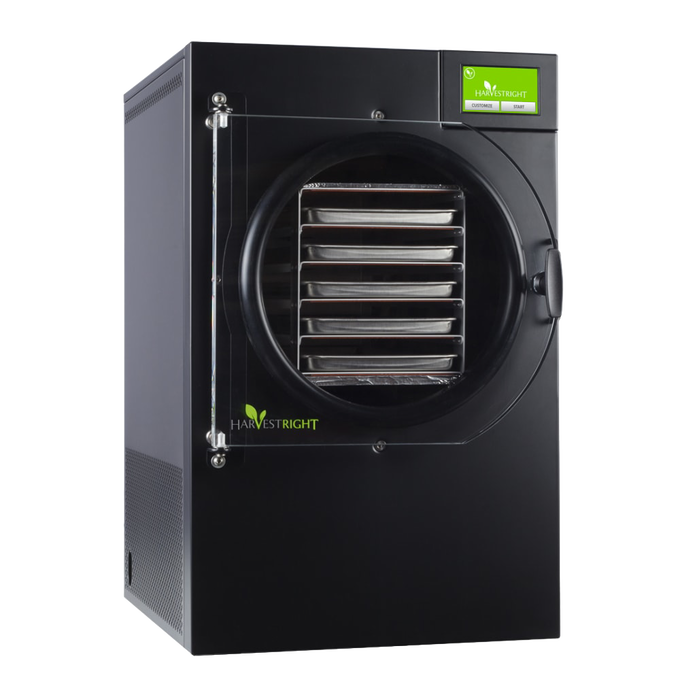 Black home freeze dryer with clear door showing multiple drying trays inside, featuring a green digital control screen, ideal for Kitchen & Food, Food Preservation, Freezing, Drying, and Best Sellers collections.
