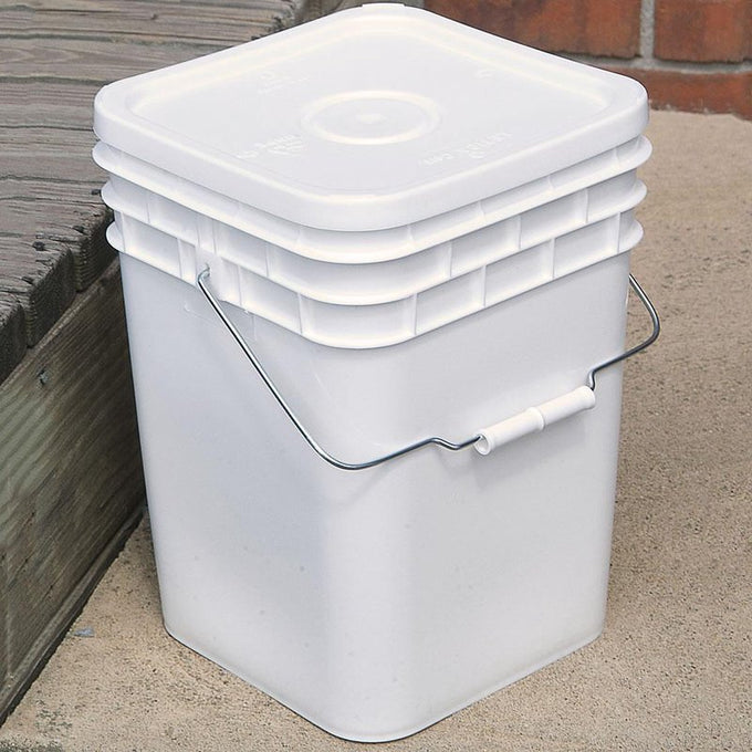 Stack of sturdy white plastic storage buckets with tight-fitting lids and metal handles, designed for food-safe storage and included in USA Made, Kitchen & Food, and Storage and Serving collections.