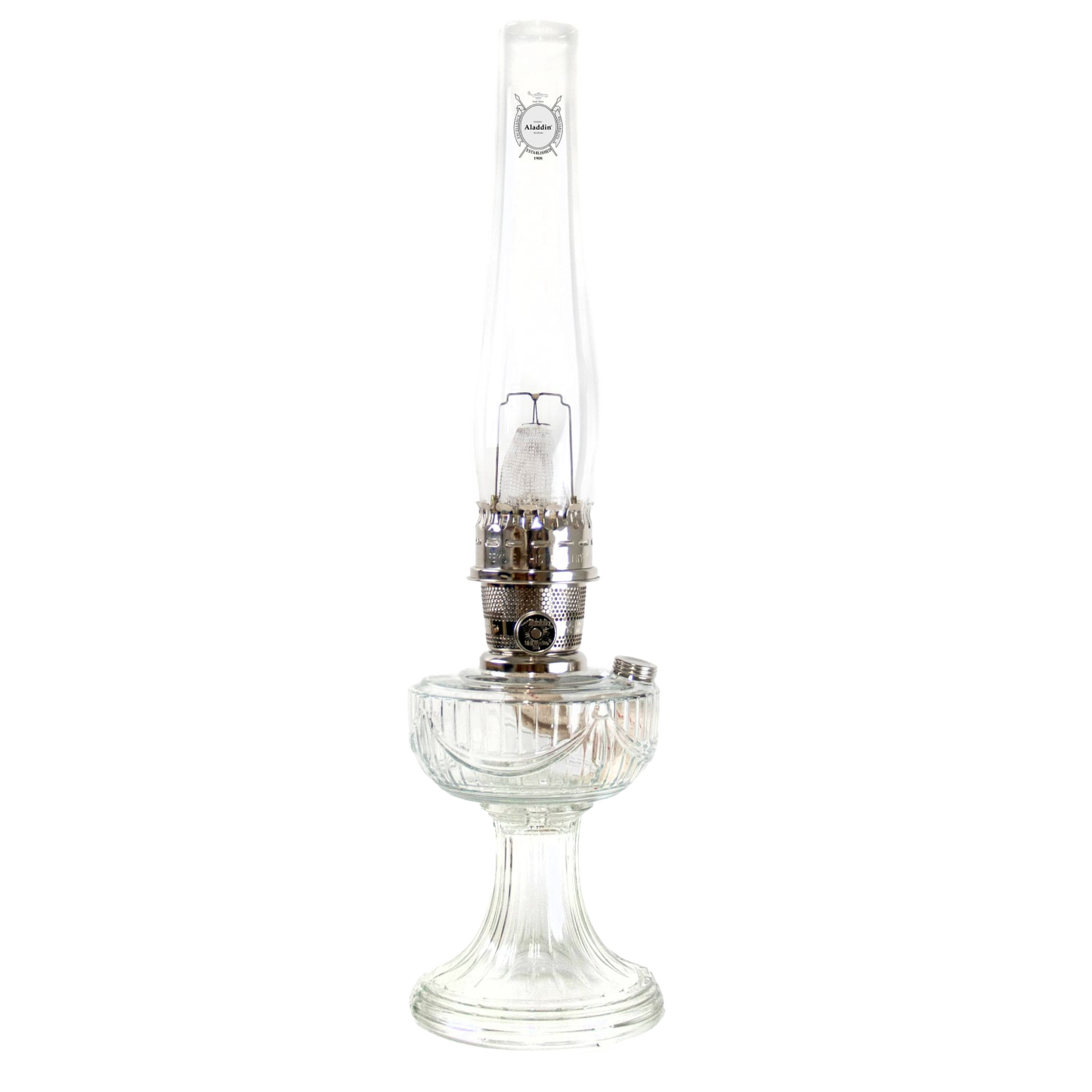 Handcrafted clear glass oil lamp with polished brass burner and tall chimney featuring Lincoln Drape pattern, made in USA, part of Lamps & Lighting, Oil Lamps, Table Lamps, Best Sellers, Promo Eligible collections.