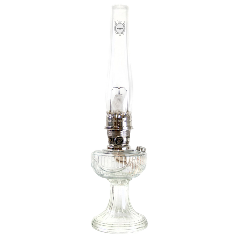 Handcrafted clear glass oil lamp with polished brass burner and tall chimney featuring Lincoln Drape pattern, made in USA, part of Lamps & Lighting, Oil Lamps, Table Lamps, Best Sellers, Promo Eligible collections.