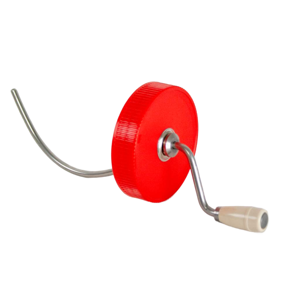 Old fashioned peanut butter stirrer with red plastic wheel and molded cream-colored handle, handcrafted in USA, designed for Kitchen & Food, Food Prep, Kitchen Gadgets, and USA Made collections.