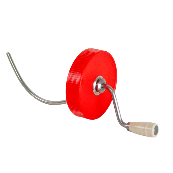 Old fashioned peanut butter stirrer with red plastic wheel and molded cream-colored handle, handcrafted in USA, designed for Kitchen & Food, Food Prep, Kitchen Gadgets, and USA Made collections.