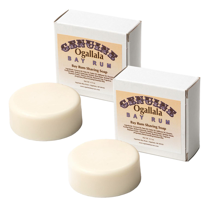 Two handcrafted creamy shaving soap bars with packaging, made in USA with bay rum scent, featured in Health & Wellness, Grooming and Personal Hygiene, Soaps and Soapmaking, Shampoo and Conditioner, USA Made, and Best Sellers collections.