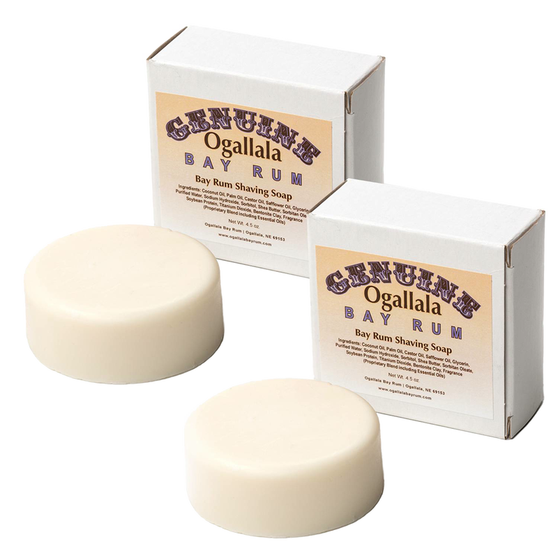 Two handcrafted creamy shaving soap bars with packaging, made in USA with bay rum scent, featured in Health & Wellness, Grooming and Personal Hygiene, Soaps and Soapmaking, Shampoo and Conditioner, USA Made, and Best Sellers collections.