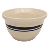Cream-colored stoneware mixing bowl with blue decorative stripes, handcrafted in the USA, perfect for baking, serving, and vintage farmhouse kitchen decor in cooking collections.