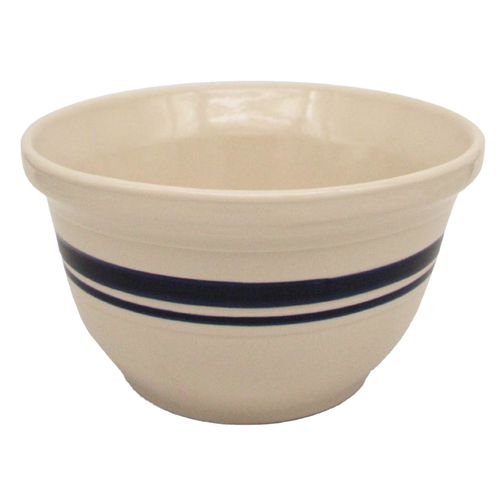 Cream-colored stoneware mixing bowl with blue decorative stripes, handcrafted in the USA, perfect for baking, serving, and vintage farmhouse kitchen decor in cooking collections.