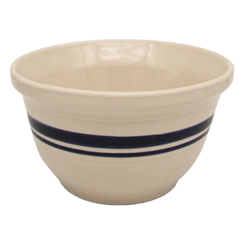 Cream-colored stoneware mixing bowl with blue decorative stripes, handcrafted in the USA, perfect for baking, serving, and vintage farmhouse kitchen decor in cooking collections.