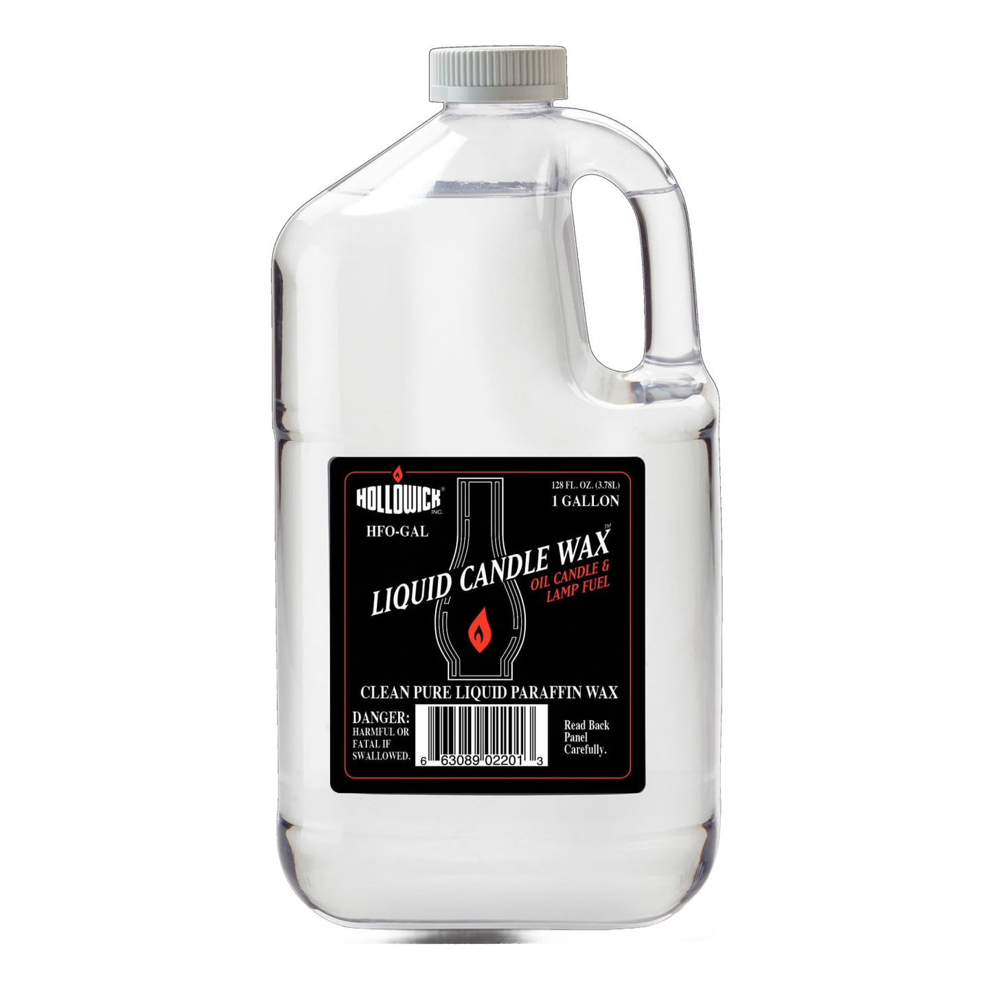 Clear plastic one-gallon jug of liquid candle wax fuel with black label featuring red flame icon, ideal for Lamps & Lighting, Parts and Accessories, Lamp and Lantern Fuel, Best Sellers, and Promo Eligible collections.