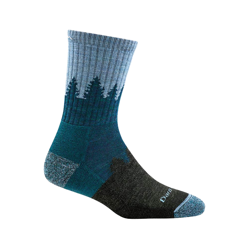 Midweight women's micro crew sock in blue and dark green with a pine tree silhouette pattern, handcrafted in USA, ideal for camping, health & wellness, and outdoor collections.