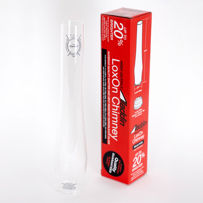 Clear borosilicate glass chimney 3 inches taller than standard with printed logo, displayed with red branded box highlighting up to 20% brighter light, featured in Lamps & Lighting, Parts and Accessories, Chimneys and Globes, Best Sellers, and Promo Eligible collections.