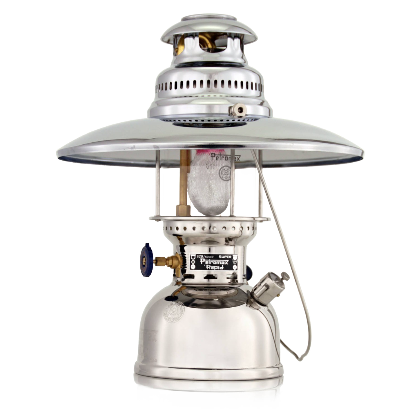 Polished metal lantern with a wide, reflective top shade and glass enclosure, designed for durable outdoor and camping use, featured in Lamps & Lighting and Camping collections.