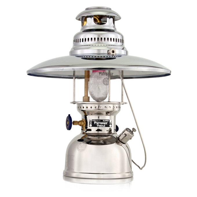 Polished metal lantern with a wide, reflective top shade and glass enclosure, designed for durable outdoor and camping use, featured in Lamps & Lighting and Camping collections.