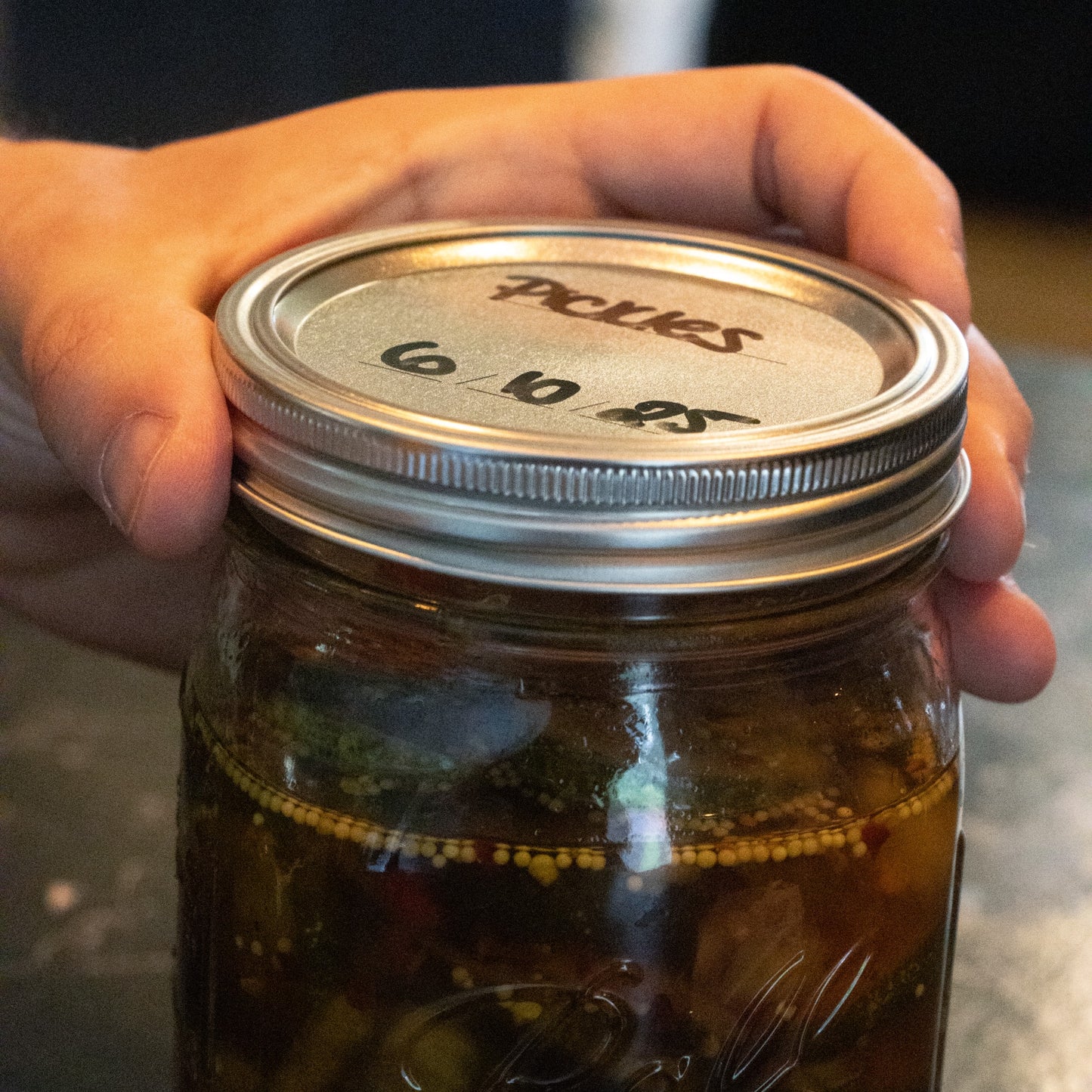 Hand holding a wide-mouth glass jar sealed with a metal lid and band featuring BPA-free sealing compound, labeled "Pickles 6-10-95," suited for Kitchen & Food, Food Preservation, Canning collections.
