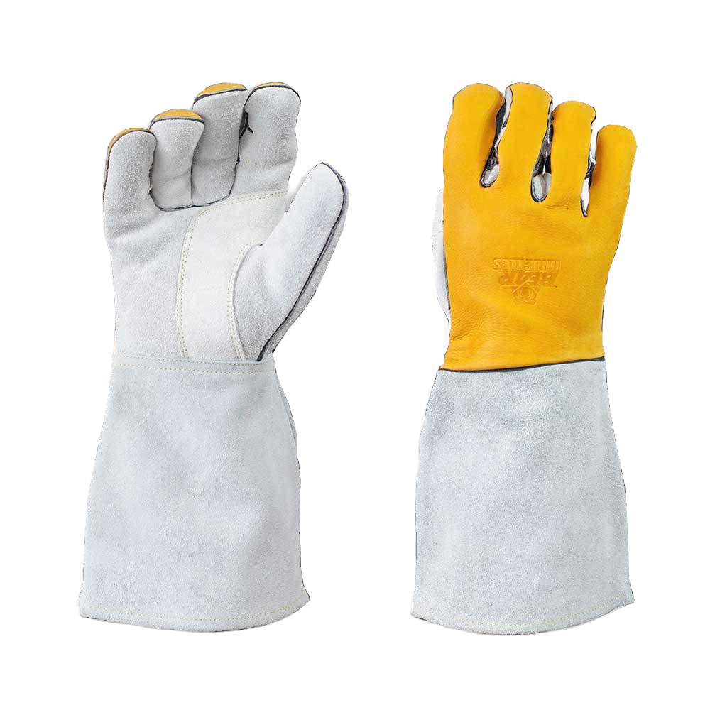 Pair of handcrafted leather welding and hearth gloves featuring reinforced palm and fingers with a yellow ergonomic top, designed for durability in Health & Wellness, Farm, Garden & Tool, and Hearth Accessories collections.