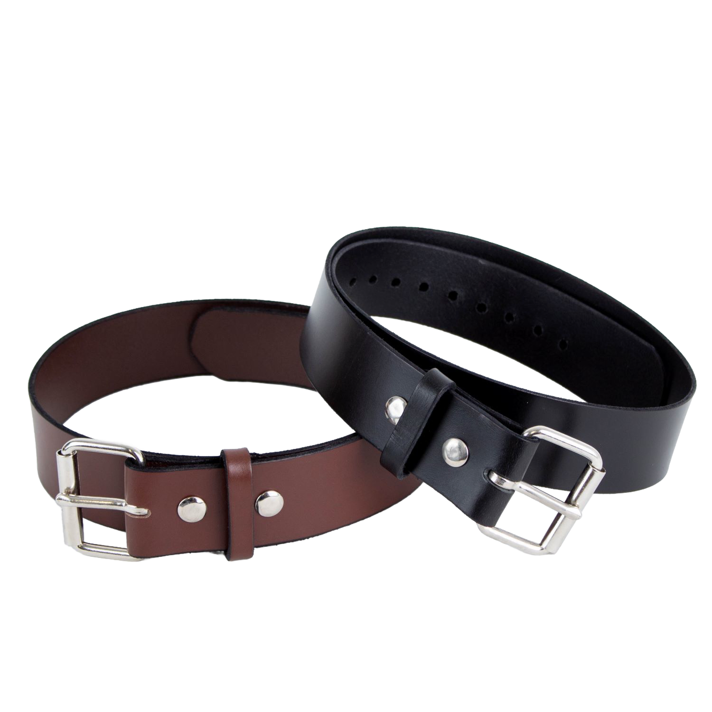 Two handcrafted Amish leather belts, 2 inches wide, made from 100% genuine cowhide in black and brown, with polished chrome buckles and snaps, featured in USA Made, Amish Made, and Best Sellers collections.