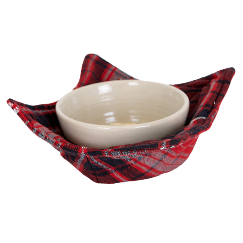 Handcrafted plaid bowl cozy made of 100% cotton, designed to protect fingers and tabletops from hot dishes, ideal for Kitchen & Food, Kitchen Textiles, Storage and Serving, Best Sellers, and Promo Eligible collections.
