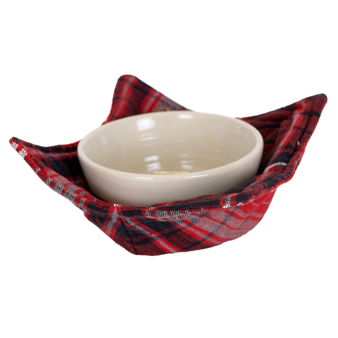 Handcrafted plaid bowl cozy made of 100% cotton, designed to protect fingers and tabletops from hot dishes, ideal for Kitchen & Food, Kitchen Textiles, Storage and Serving, Best Sellers, and Promo Eligible collections.