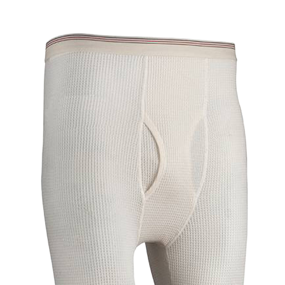 Close-up of handcrafted men's traditional long johns pants in natural color with a circular waffle pattern and elastic waistband, featured in Health & Wellness and Clothing collections.