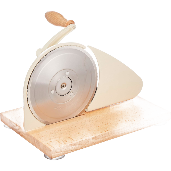Manual bread slicer with a sharp stainless steel circular blade, easy hand crank with wooden handle, and a sturdy wooden base, perfect for Kitchen & Food, Choppers and Cutters, Best Sellers collections.