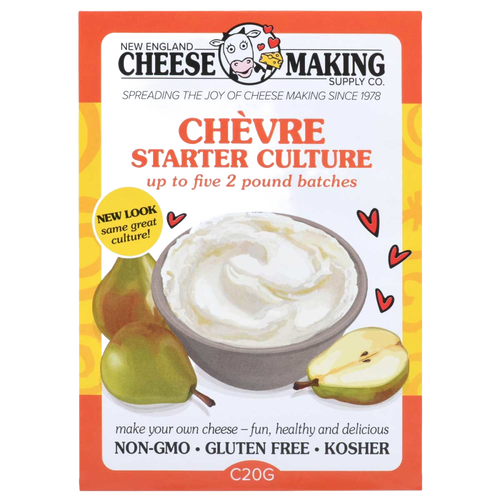 Colorful package of chèvre starter culture featuring a bowl of creamy goat cheese surrounded by pears, promoting a fun and healthy DIY cheese experience for Kitchen & Food, Specialty Equipment, and DIY Cheese and Yogurt collections.